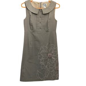 Tabitha Anthropologie gray sleeveless dress peter pan floral embroidery size 8